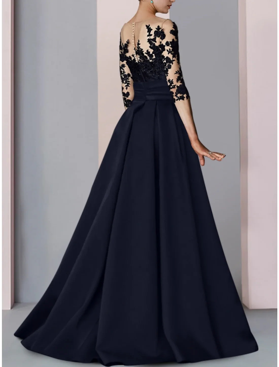 Luolandi A-Line Evening Gown High Split Dress Formal Fall Sweep / Brush Train Half Sleeve Illusion Neck Satin with Slit Embroidery Mother of the Bride Dress